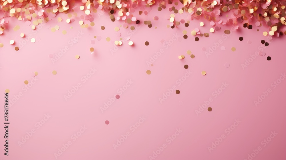 Beautiful abstract pink minimalistic background with golden small confetti and lots of space for texts in the center