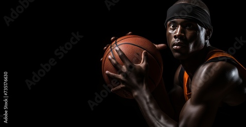 basketball player holding a ball on black background © yganko