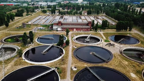 Modern sewage treatment plant, aerial view from drone