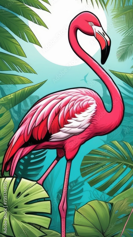 Fototapeta premium pink flamingo on a background of tropical leaves, background wallpaper for mobile phone