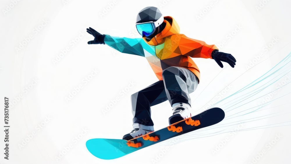 Obraz premium copy space, simple vector illustration, simple colors, Snowboarding, jumping snowboarder in snowy mountains background, Man with snowboard flat style. Winter sport concept. Advertisement for ski vacat