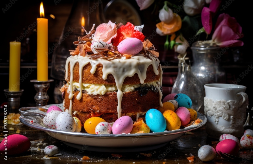 an easter cake on a ledge with eggs