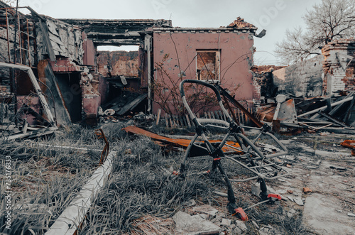 street of the damaged city without people in Ukraine