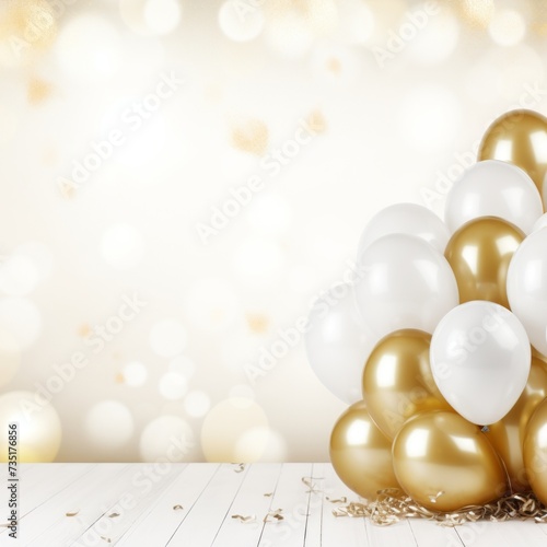 Birthday background with balloons in gold and white colors and with large copyspace area