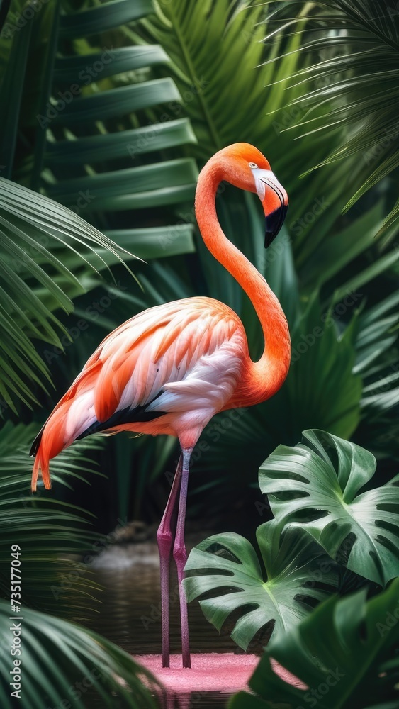 Fototapeta premium pink flamingo on a background of tropical leaves, background wallpaper for mobile phone