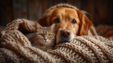 A heartwarming image of a dog and a cat cuddled up together on a cozy blanket, showcasing the unlikely yet adorable bond between different species.
