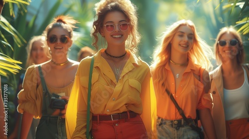 woman walk with A group of friends laughing and chatting as they stroll through a park, focus on one woman in front © P