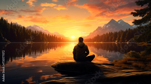 a man sitting on a bench looking out at a lake