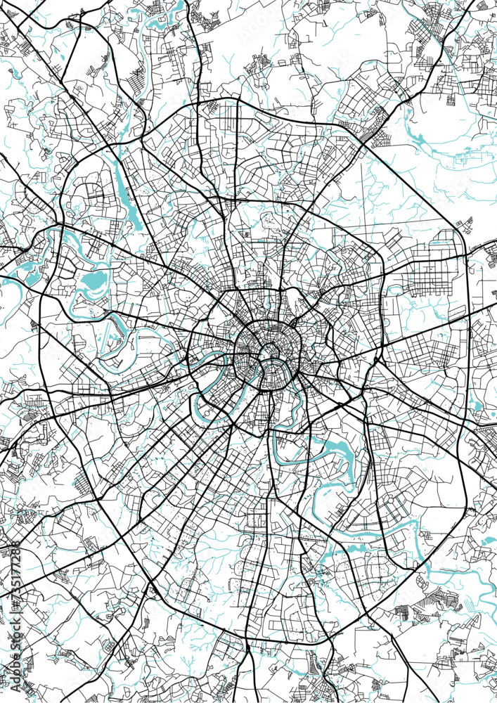 Street map art of Moscow city in russia . Road map of russia. Black and white (blue)