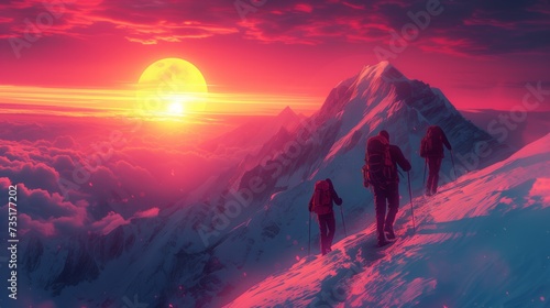 Illustrate hikers reaching the summit of a mountain © P
