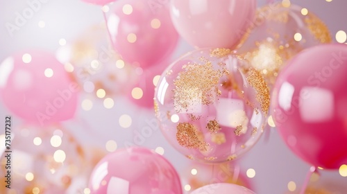 Beautiful holiday background with pink and gold balloons. Minimalistic light background