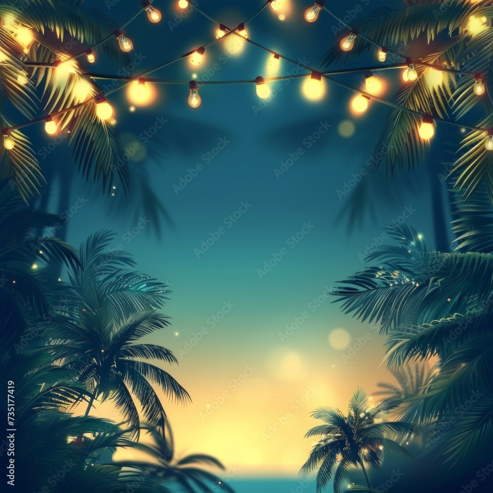 Tropical Night Summer Party Advertisement Background. Palm Trees, Light Bulb Garlands, and Spacious Text Area