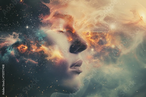 Double exposure of a face with galaxy patterns
