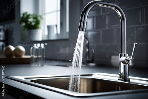 Modern kitchen sink and faucet with pouring water