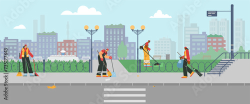 Street cleaners, cartoon landscape with people, vector illustration