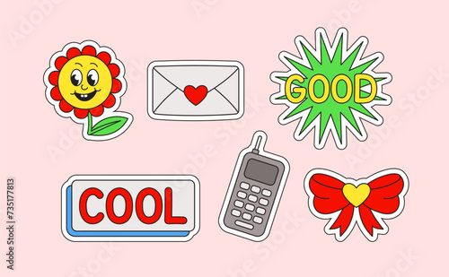 Retro stickers set. Flower  bow and mobile phone. Smileys and emotions for social networks. Template and layout for website. Cartoon flat vector collection isolated on pink background