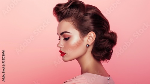 Woman with retro classic hairstyle on pink background
