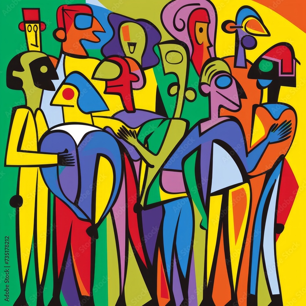 An assorted group of abstract individuals, depicted as friends or colleagues, stand together,