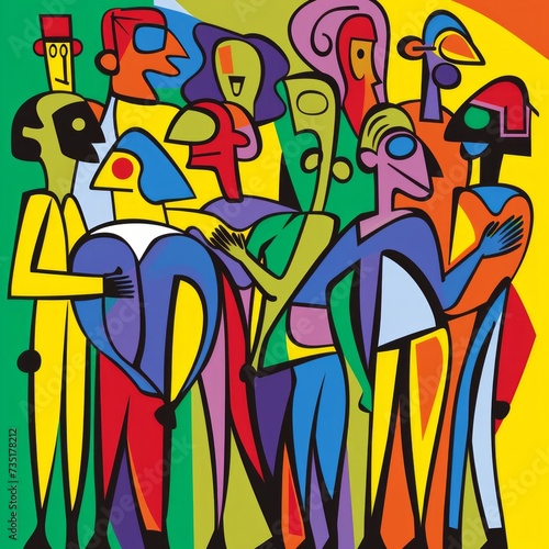 An assorted group of abstract individuals  depicted as friends or colleagues  stand together 