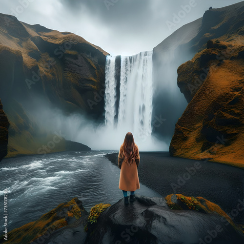 woman overlooking waterfall at Skogafoss Iceland Ai image