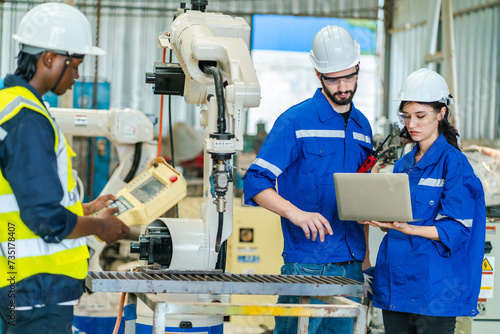 professional technician engineer maintenance working on industry production control system service, factory power technology for construction machine equipment, person using computer for safety plan © chokniti