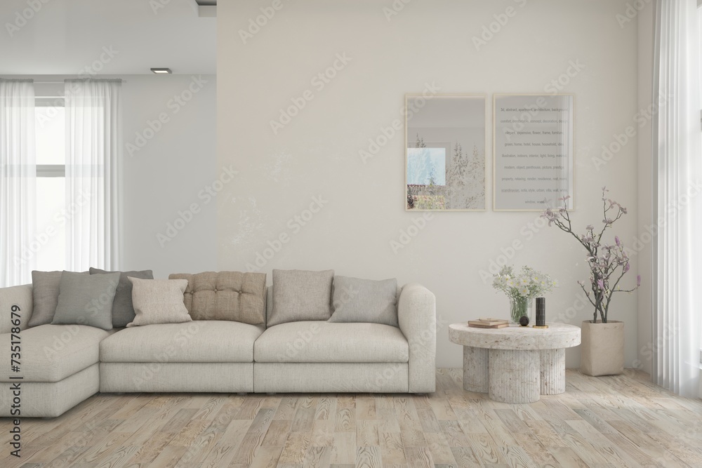 Fototapeta premium White living room with sofa. Scandinavian interior design. 3D illustration