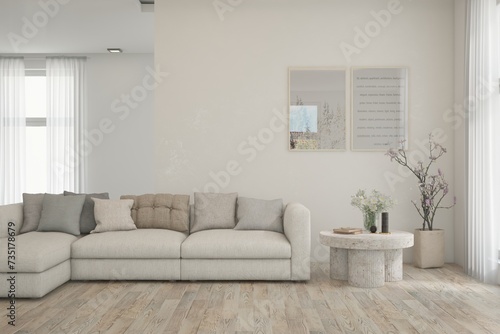 White living room with sofa. Scandinavian interior design. 3D illustration © AntonSh