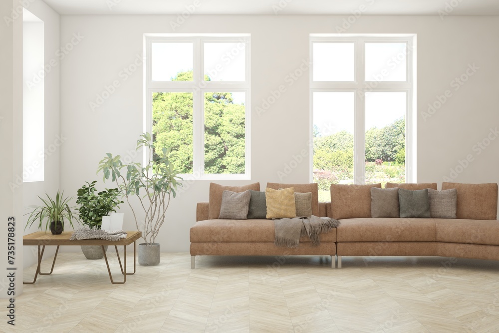 White living room with sofa and summer landscape in window. Scandinavian interior design. 3D illustration White living room with sofa and summer landscape in window. Scandinavian interior design. 3D illustration