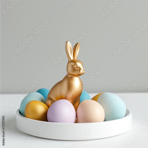 Gorgeous minimalist Easter backdrop adorned with vibrant eggs, a golden ceramic Easter bunny, and a spacious center for text.