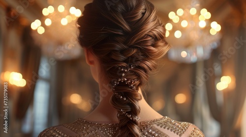 Royal hairstyle with braids and hair decoration in a luxurious frame