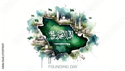 Watercolor illustration with saudi arabia map that celebrates saudi arabia's founding day.
