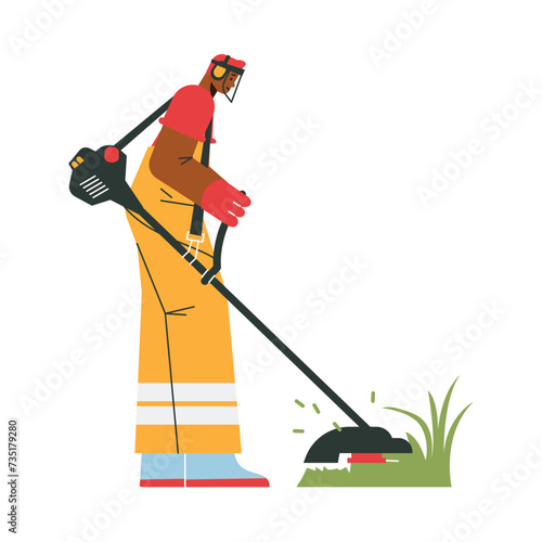 Gardener mowing lawn with electric mower, cutting grass, professional street cleaner worker service vector illustration