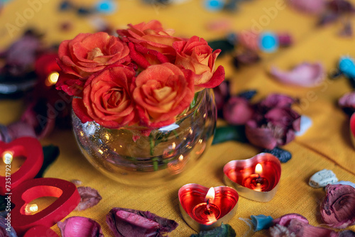 Fototapeta Naklejka Na Ścianę i Meble -  Bouquet of roses, candles and gifts, card for February 14, St. Valentine, March 8, wedding, birthday, mother's day, blurred background, bokeh.
