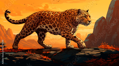 a leopard standing on a rock in front of a sunset