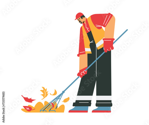Janitor in uniform sweeping yellow leaves with broom, vector cartoon street cleaner worker service garbage man working