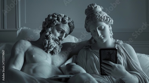 a male greek god statue looking at his tablet and a female greek goddess statue looking at her smartphone, both in bed  photo