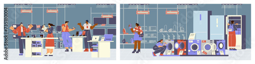 Set of scenes with people choosing goods at electronic shop flat style