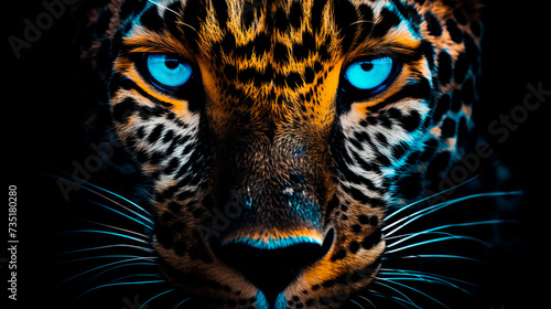 a leopard with blue eyes and a black background photo