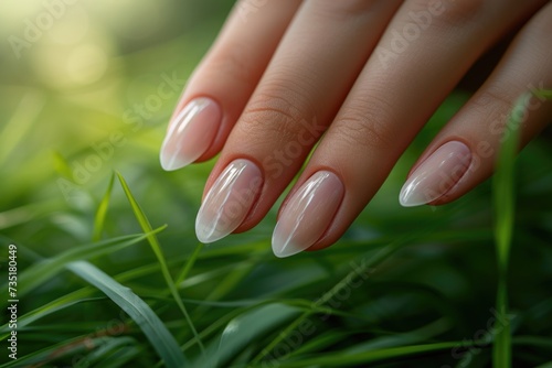 Women's French manicure on a natural background