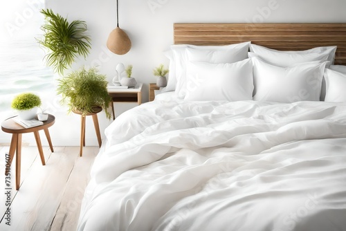 blank white duvet cover in a coastal-style bedroom setting, captured from a top view perspective, bright colors to evoke a sense of airy relaxation and seaside tranquility