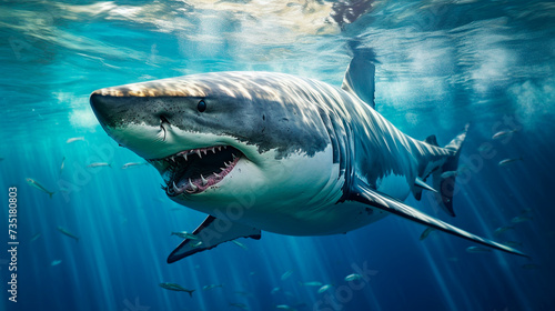 a shark with its mouth open in the ocean