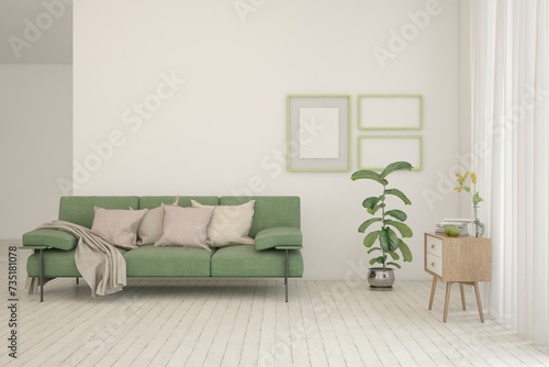 Modern minimalist interior with sofa on empty white color wall background. Interior mockup. Scandinavian interior design. 3D illustration © AntonSh
