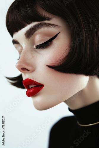 woman with side bob and bright red lipstick
