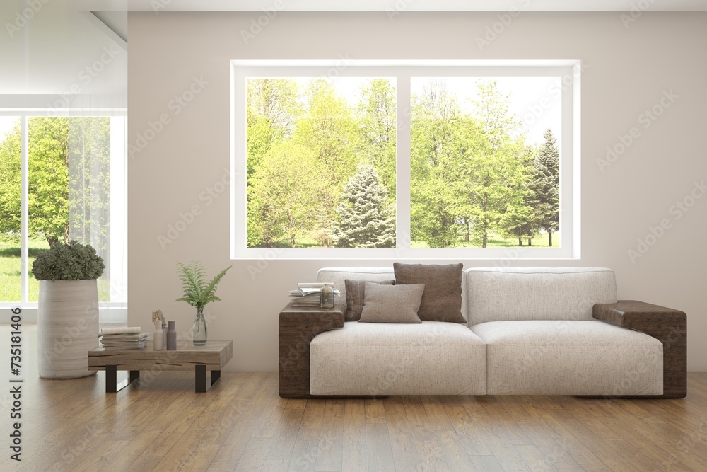 Fototapeta premium Contemporary classic white interior with furniture and decor and summer landscape in window. Scandinavian interior design. 3D illustration