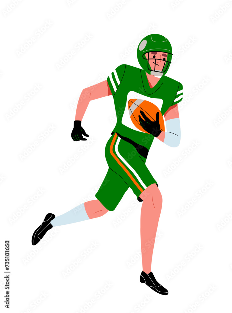 Sport activity concept. Rugby player in sports uniform with ball. Active lifestyle and leisure, sports. Sticker for social networks. Cartoon flat vector illustration isolated on white background