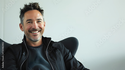 a happy man in a black jacket sitting in a designer chair 