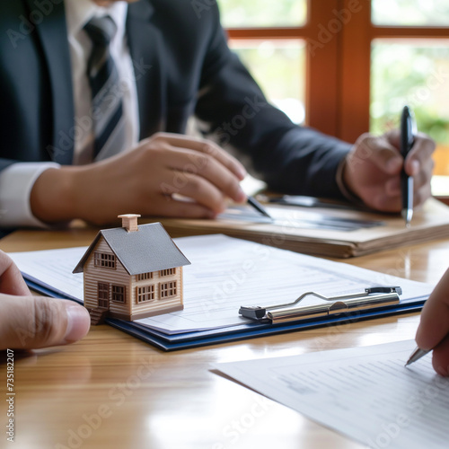 Realtor signing mortgage agreement for home with clients. Home loan and buying own property