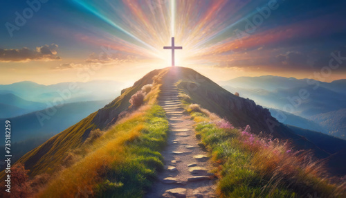 Footpath leading to a cross on top of the hill backlit by soft light beams. Heavenly beautiful background for Easter Christian holiday. Surreal scene for religion and faith concept