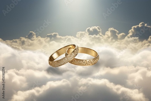 two golden matrimonial bands hovering amidst the clouds. Generative AI