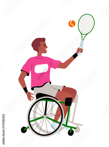 Sport activity concept. Man at wheelchair play in tennis. Active lifestyle and leisure, sports. Sticker for social networks. Cartoon flat vector illustration isolated on white background